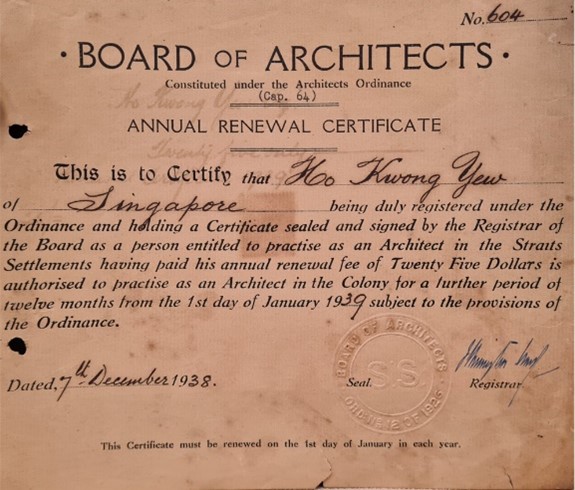 Board of Architects annual renewal certificate of the first local-born registered architect in Singapore, Ho Kwong Yew, 1938. Courtesy of National Library, Singapore. Donated by Kelvin Ang.