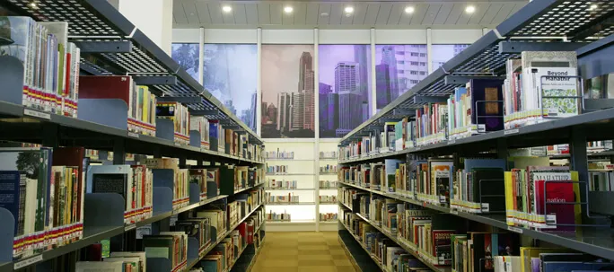 Shelves holding the National Collection titles in the Lee Kong Chian Reference Library