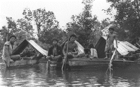 Orang Seletar on their floating shelters, 1950s  Dr Ivan Polunin collection, courtesy of National Archives of Singapore