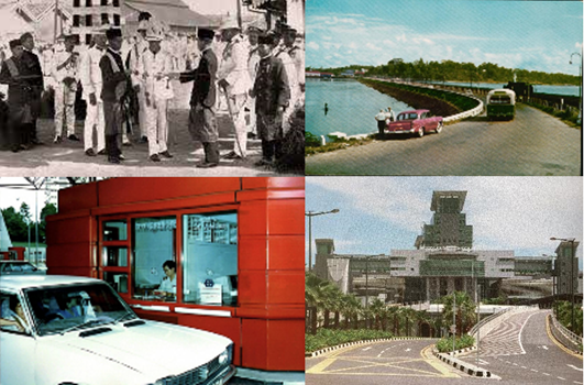 Clockwise from left to right: Governor Sir Laurence Guillemard (centre) and Sultan Ibrahim of Johor (right) cutting the silken cord at the opening ceremony of the Causeway on 28 June 1924, courtesy of National Archives of Malaysia; Bus crossing the Causeway, c. 1970, National Museum of Singapore collection, courtesy of National Heritage Board; The present Woodlands Checkpoint, c 1999, courtesy of Singapore Press Holdings; A vehicle going through immigration at the former Woodlands Checkpoint, c. 1989, courtesy of Immigration and Checkpoints Authority 