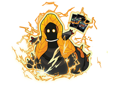 The M Book Bug holding playing cards, buzzing alive with electricity.