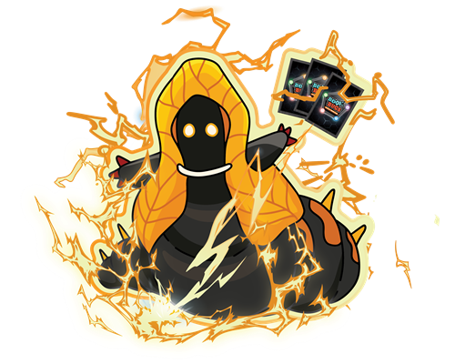 The M Book Bug holding playing cards, buzzing alive with electricity.