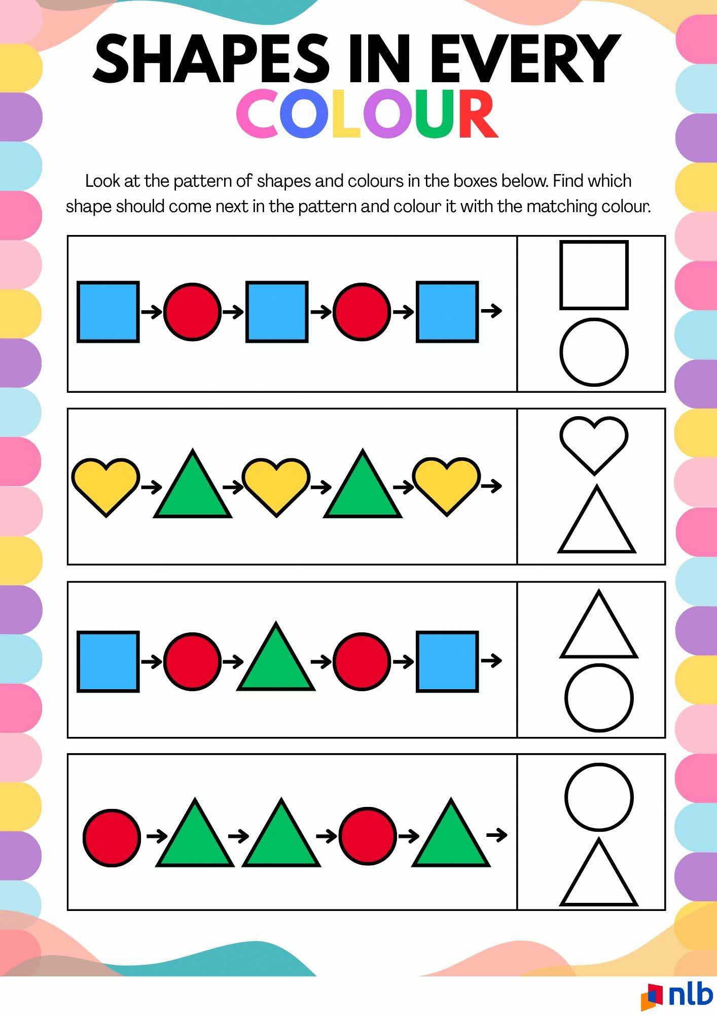 colours and shapes activity sheets