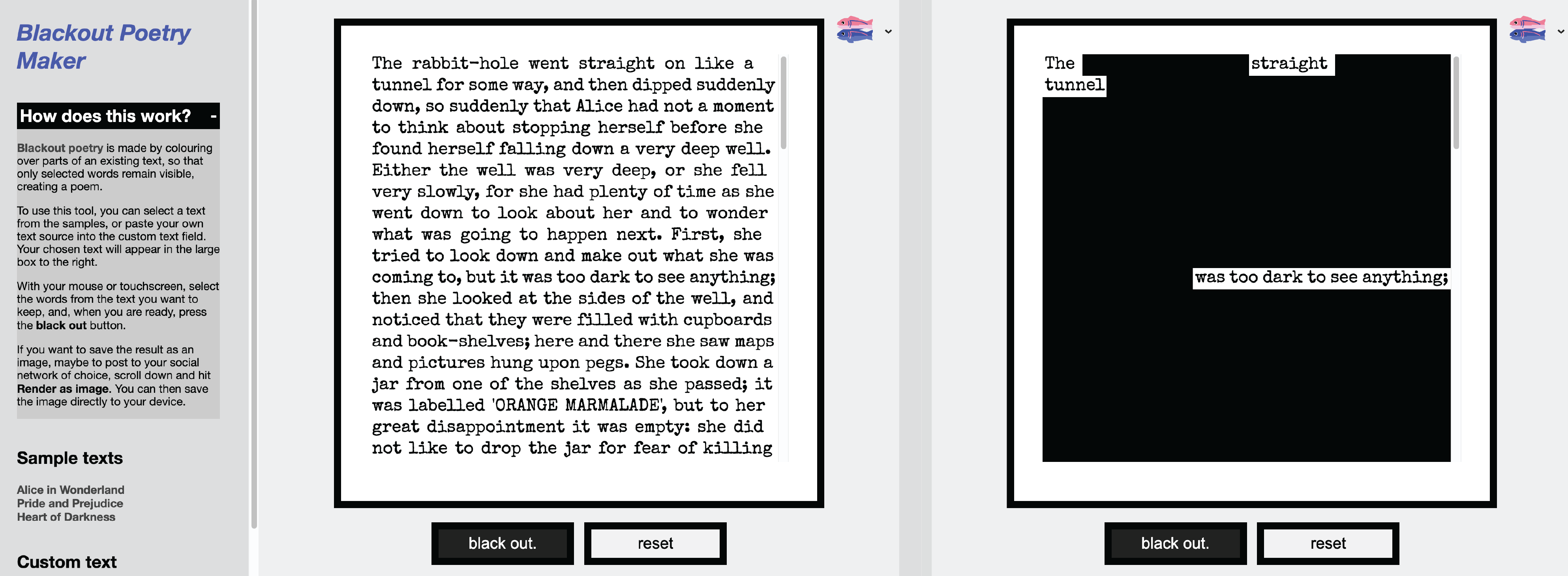 Make blackout poetry on Blackout Poetry Maker.