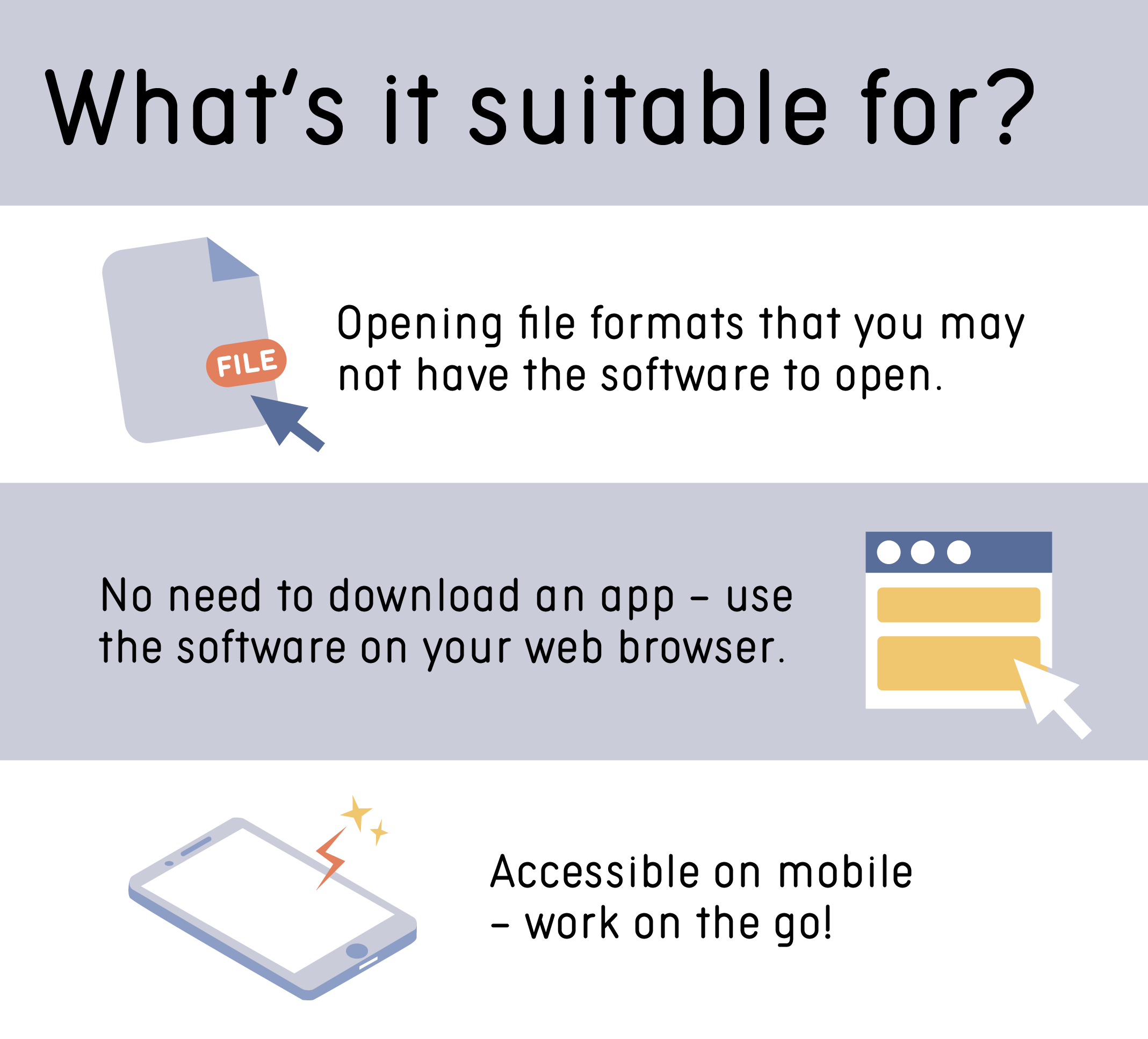Opening file formats that you may not have the software to open. Web-based application that you can use on your web browser. Accessible on mobile – work on the go!