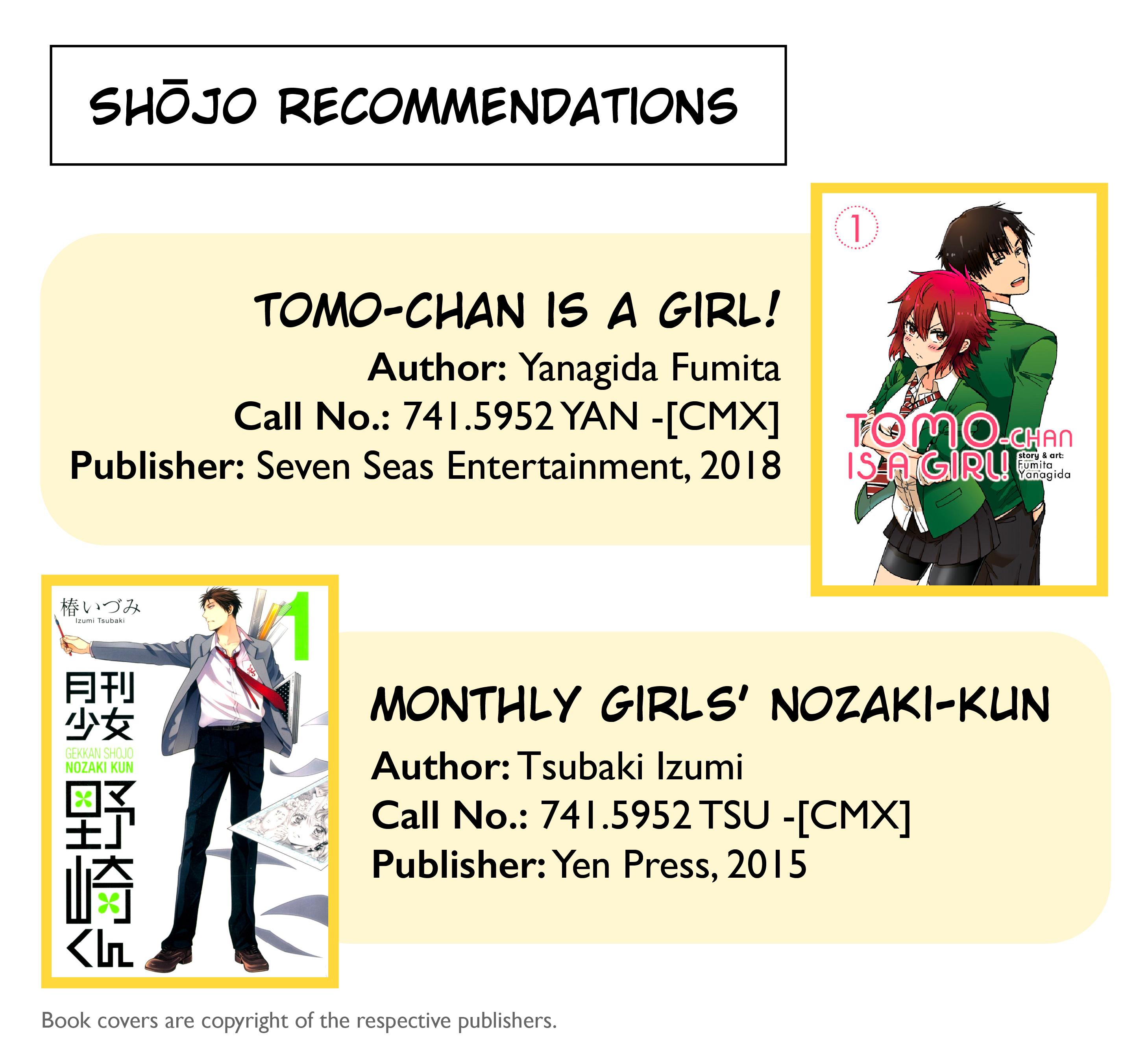 Shojo recommendations include Tomo-chan is a Girl! and Monthly Girls’ Nozaki-kun.