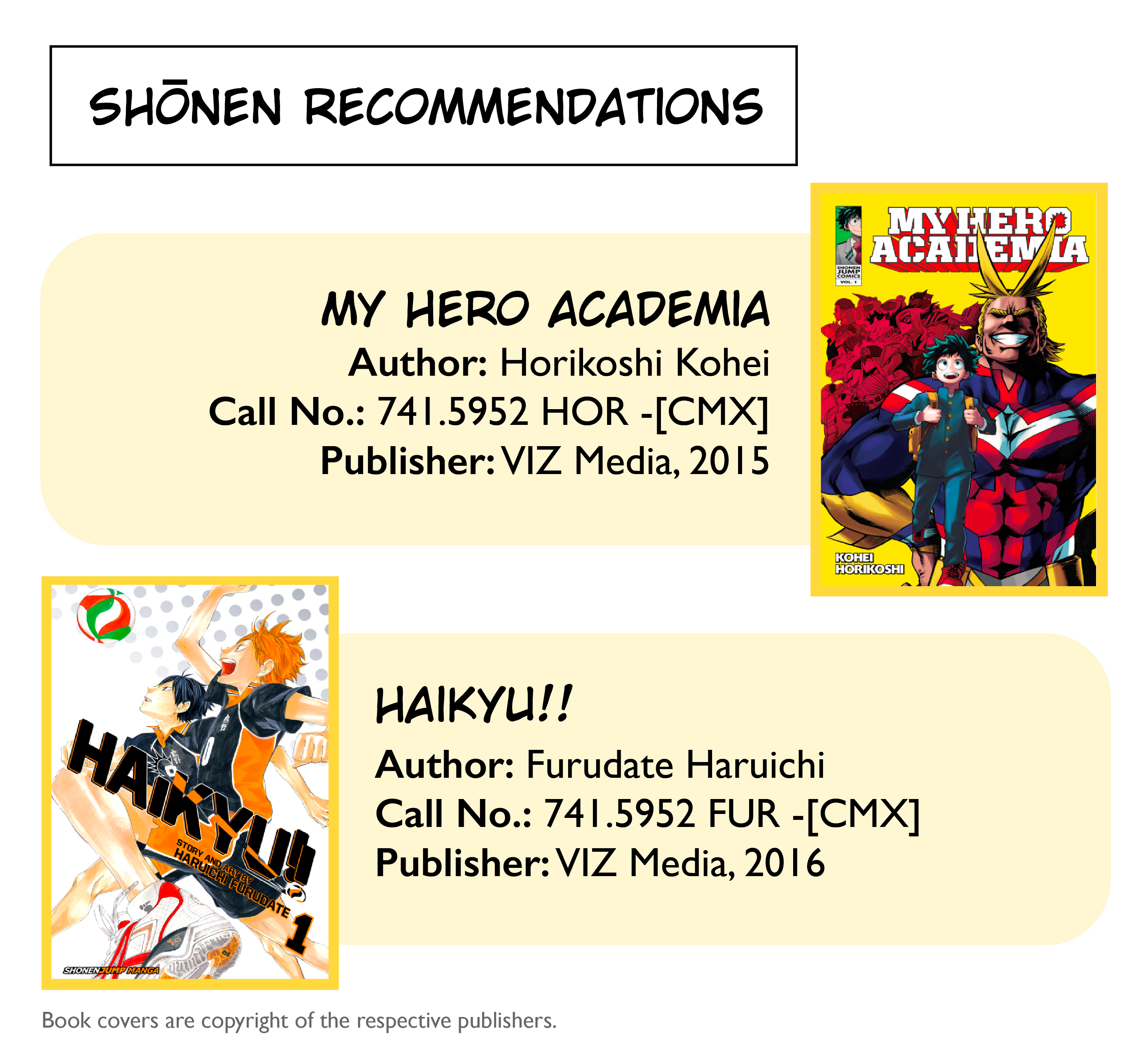 Shonen recommendations include My Hero Academia and Haikyuu!