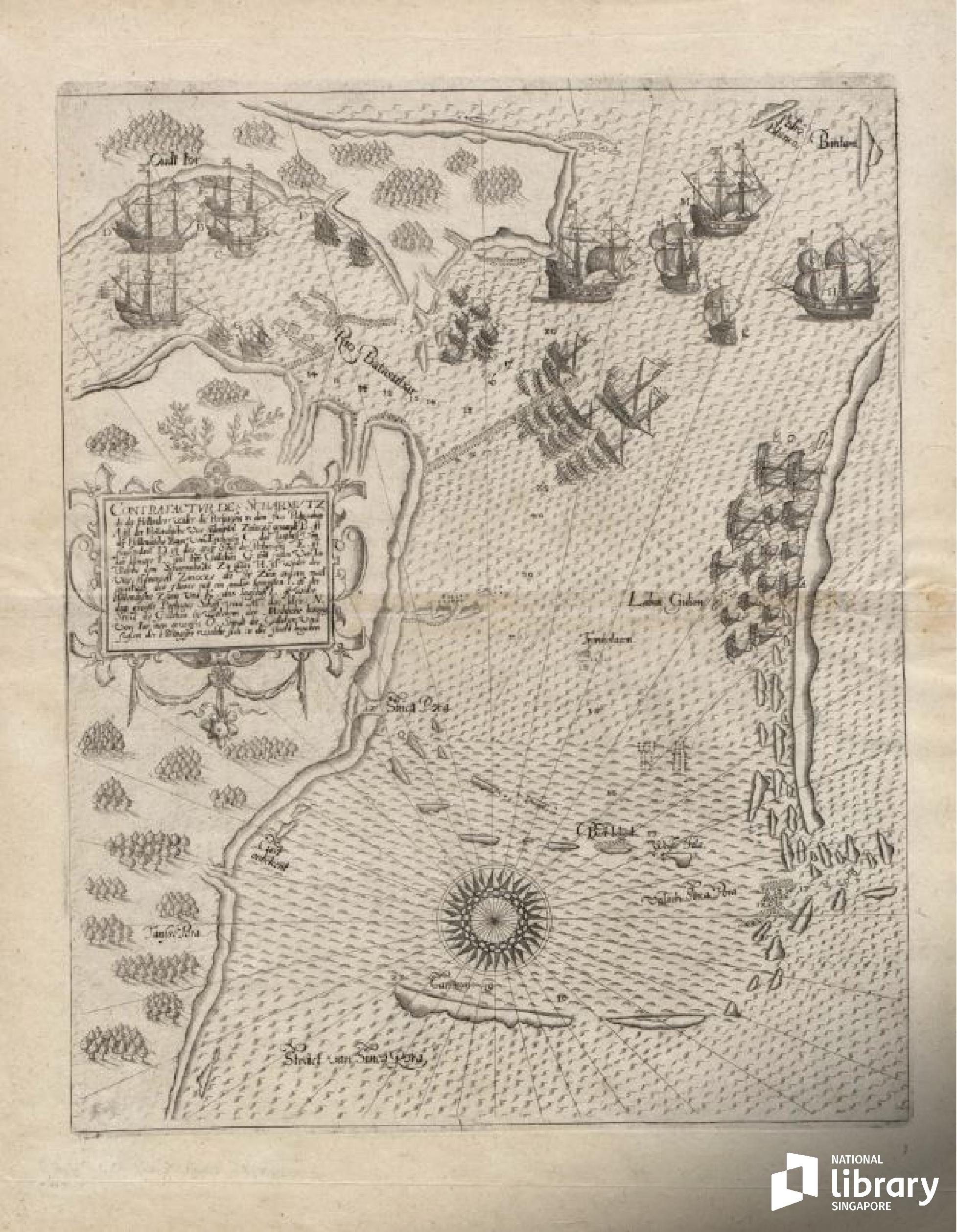 Contrafactur des Scharmutz els der Hollender wider die Portigesen in dem Flus Balusabar. This 17th-century European map depicts a schematic sketch of a naval battle fought between the Dutch and Portuguese forces off the southeastern coast of Singapore and in the Johor River in 1603