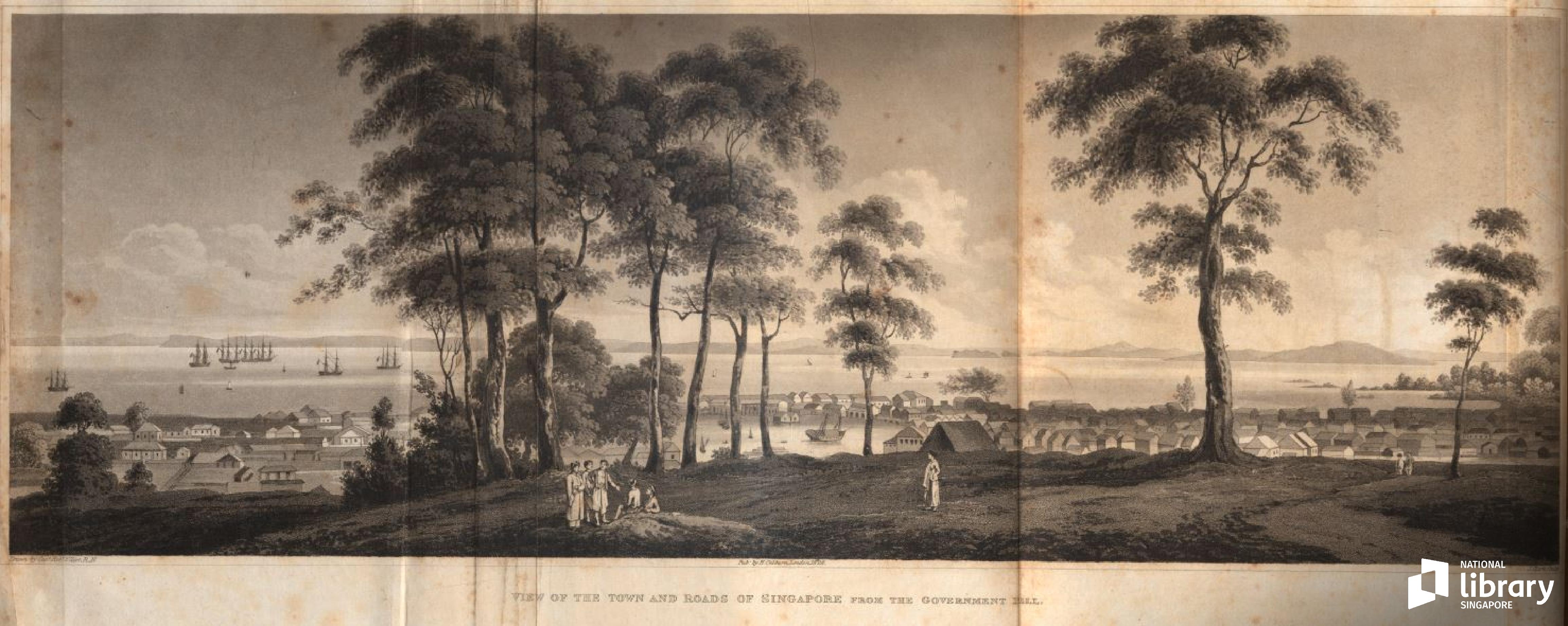 illustration of the view of the town and roads of Singapore from Government Hill  1828